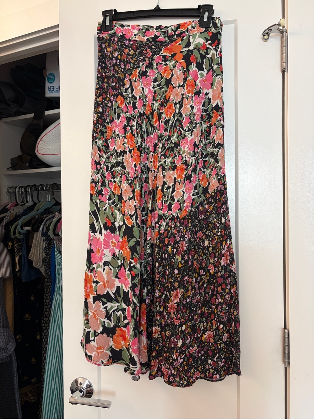 Anthropologie Black Maxi Skirt with Pink & Orange Floral Patchwork